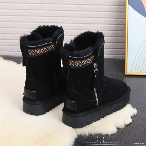 DRBR冬季新款皮毛一體拉鍊雪地靴女厚底短筒加絨加厚真皮保暖棉鞋