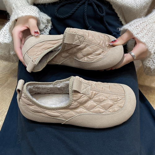 羽絨布加絨豆豆鞋女秋冬季2024新款一腳蹬懶人樂福鞋孕婦保暖棉鞋