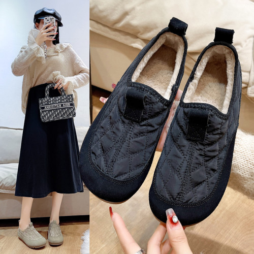 羽絨布加絨豆豆鞋女秋冬季2024新款一腳蹬懶人樂福鞋孕婦保暖棉鞋