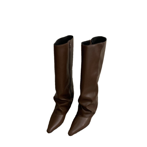 韓版小衆菸琯靴女靴子2025年秋冬新款復古棕色尖頭坡跟高筒長靴女