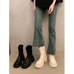 不過膝長靴女鞋秋冬季新款V口增高粗跟瘦瘦短靴子高筒厚底騎士靴