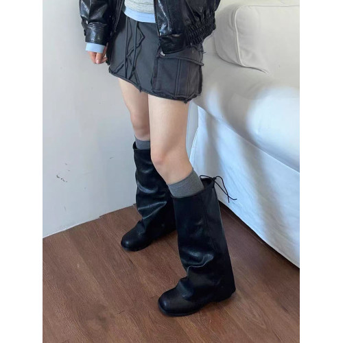 夏季靴子女薄款配裙子顯瘦長筒靴復古堆堆靴2025年新款粗跟褲琯靴