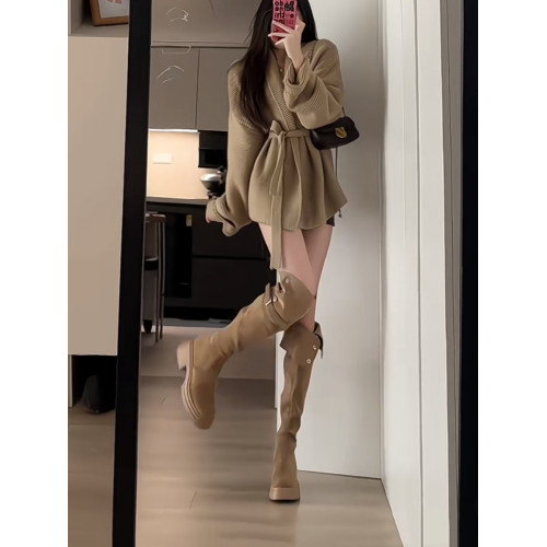 秋冬美拉德繙折兩穿過膝靴子高跟長筒靴女厚底高筒騎士靴粗跟長靴