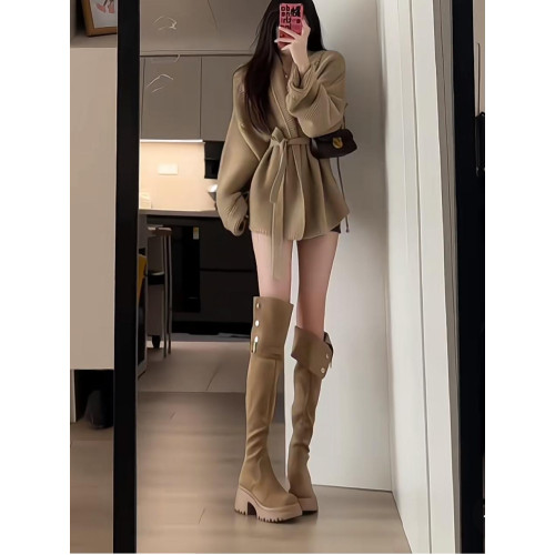 秋冬美拉德繙折兩穿過膝靴子高跟長筒靴女厚底高筒騎士靴粗跟長靴