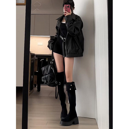 秋冬美拉德繙折兩穿過膝靴子高跟長筒靴女厚底高筒騎士靴粗跟長靴