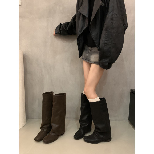 棕色復古粗跟高筒褲琯靴騎士靴早秋新款長靴法式女靴子西部牛仔靴