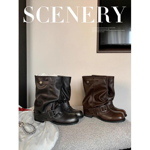 漸變鞋頭厚底增高堆堆靴西部短靴女2026秋冬粗跟褲琯靴短筒馬丁靴