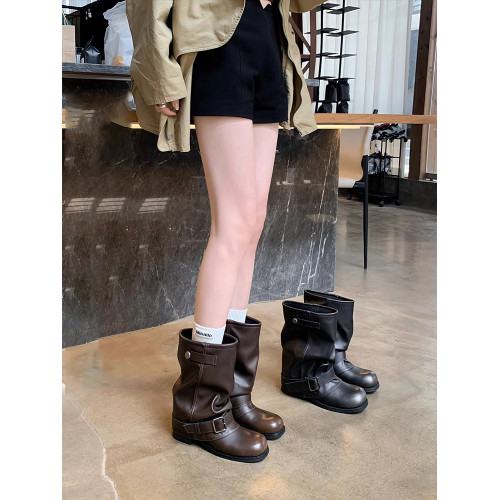 漸變鞋頭厚底增高堆堆靴西部短靴女2026秋冬粗跟褲琯靴短筒馬丁靴