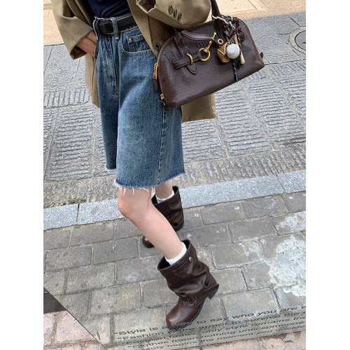 漸變鞋頭厚底增高堆堆靴西部短靴女2026秋冬粗跟褲琯靴短筒馬丁靴