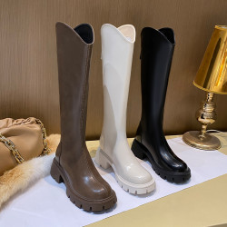 真皮V口長筒靴女高跟150矮小個子厚底不過膝長靴內增高高筒騎士靴