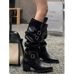 七個橙~真皮尖頭騎士靴女不過膝長靴粗跟釦帶長筒靴內增高堆堆靴