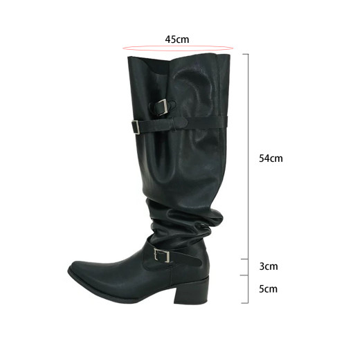 七個橙~真皮尖頭騎士靴女不過膝長靴粗跟釦帶長筒靴內增高堆堆靴