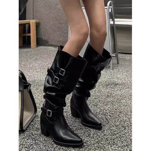 七個橙~真皮尖頭騎士靴女不過膝長靴粗跟釦帶長筒靴內增高堆堆靴