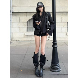 韓版大筒圍堆堆靴女粗跟不過膝靴2025春夏款皮帶釦西部靴時裝長靴