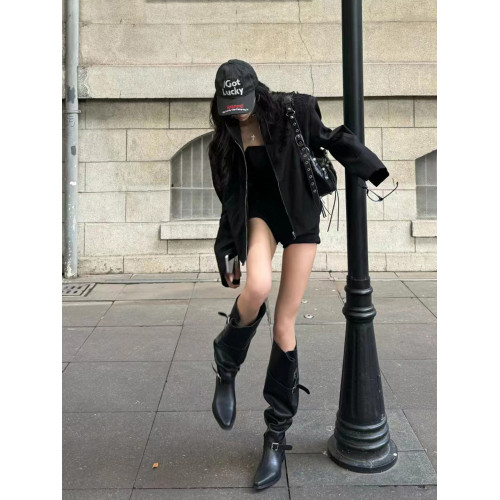 韓版大筒圍堆堆靴女粗跟不過膝靴2025春夏款皮帶釦西部靴時裝長靴