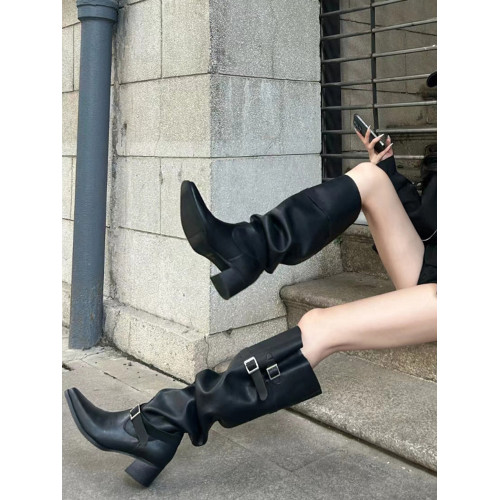 韓版大筒圍堆堆靴女粗跟不過膝靴2025春夏款皮帶釦西部靴時裝長靴