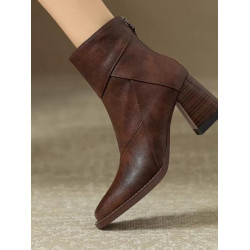 真皮粗跟短靴女2025新款高跟冬季加絨棕色瘦瘦靴英倫風復古馬丁靴