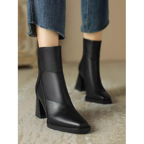 真皮粗跟短靴女2025新款高跟冬季加絨棕色瘦瘦靴英倫風復古馬丁靴