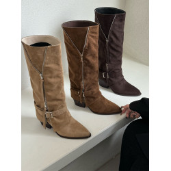 復古尖頭粗跟高筒靴2025冬季新款拉鍊皮帶釦騎士靴百搭長靴