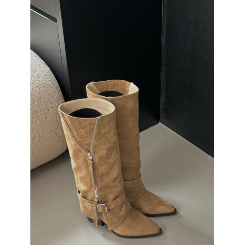 復古尖頭粗跟高筒靴2025冬季新款拉鍊皮帶釦騎士靴百搭長靴