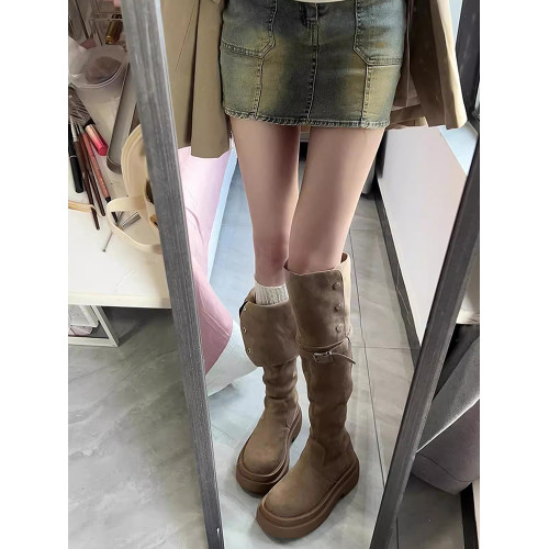 厚底長筒靴女2026新款秋季不過膝絨面高筒靴女款顯瘦長靴騎士靴子