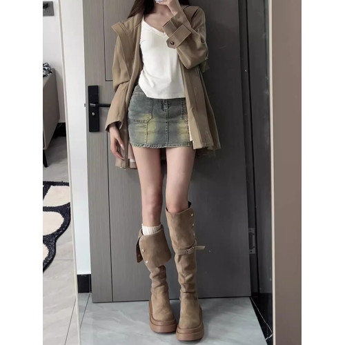 厚底長筒靴女2026新款秋季不過膝絨面高筒靴女款顯瘦長靴騎士靴子