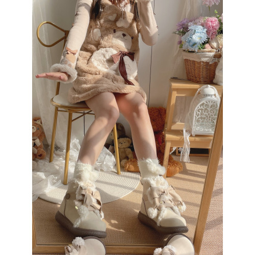 【浣熊團子】毛絨棉鞋可愛平底圓頭蝴蝶結雪地靴lo鞋冬天 【浣熊團子】毛絨棉鞋可愛平底圓頭蝴蝶結雪地靴lo鞋冬天