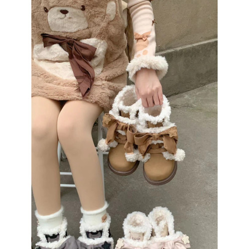 【浣熊團子】毛絨棉鞋可愛平底圓頭蝴蝶結雪地靴lo鞋冬天 【浣熊團子】毛絨棉鞋可愛平底圓頭蝴蝶結雪地靴lo鞋冬天