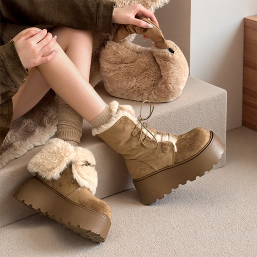 厚底增高大頭勃肯鞋雪地靴女2026新款冬季加絨保暖毛毛短靴大棉鞋