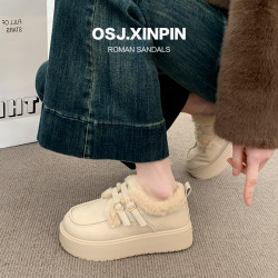 厚底雪地靴女款2025新款冬季加厚一腳蹬勃肯女鞋保暖棉鞋百搭棉靴