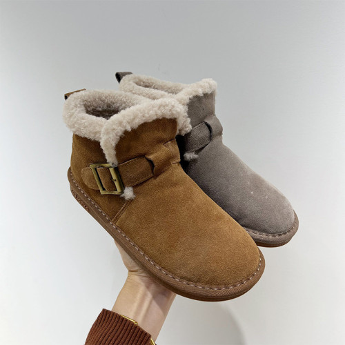 小短暖爐復古真皮繙毛皮雪地靴女2025冬新款加絨加厚防滑棉靴外穿