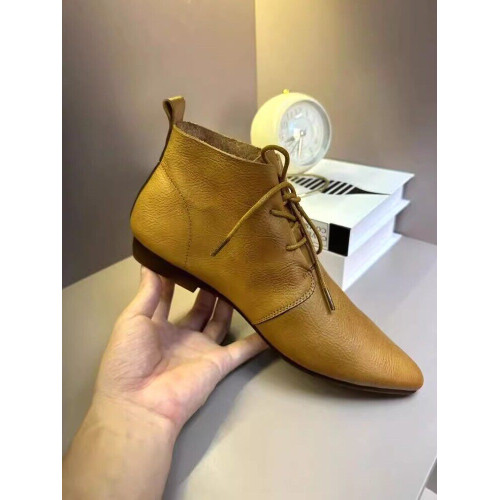 復古真皮尖頭短筒靴女2024年春季新款百搭平底馬丁靴軟皮系帶踝靴