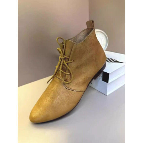 復古真皮尖頭短筒靴女2024年春季新款百搭平底馬丁靴軟皮系帶踝靴