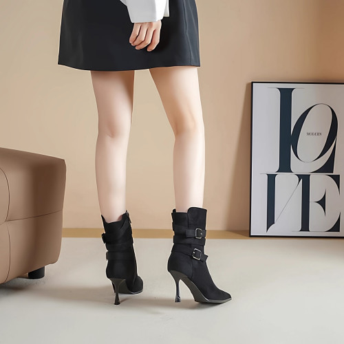 優雅高跟皮帶釦細跟短靴女2025年秋冬新款百搭絨面顯瘦尖頭時裝靴