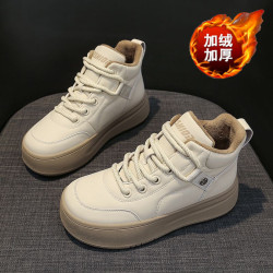 加絨厚底休閒板鞋女款2026新款秋冬季運動棉鞋高幫麵包鞋雪地靴子