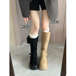 厚底增高絨面長筒靴子女2026新款夏秋季西部牛仔不過膝高筒騎士靴