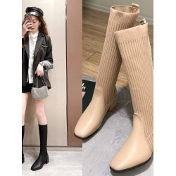 襪子靴彈力瘦瘦靴真皮復古女秋冬粗跟中跟針織顯瘦中筒不過膝長靴