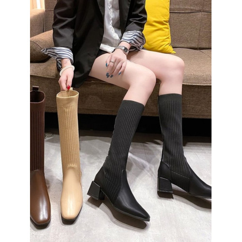 襪子靴彈力瘦瘦靴真皮復古女秋冬粗跟中跟針織顯瘦中筒不過膝長靴