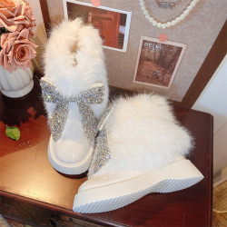 2025加絨厚底毛毛靴白色保暖顯瘦雪地靴甜美重工蝴蝶結水鑽大棉靴