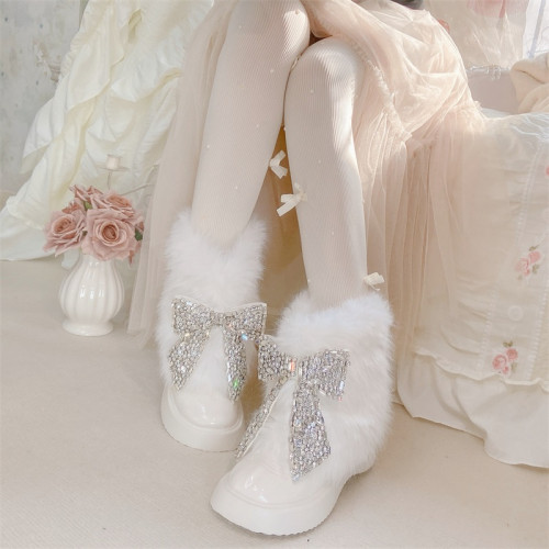 2025加絨厚底毛毛靴白色保暖顯瘦雪地靴甜美重工蝴蝶結水鑽大棉靴
