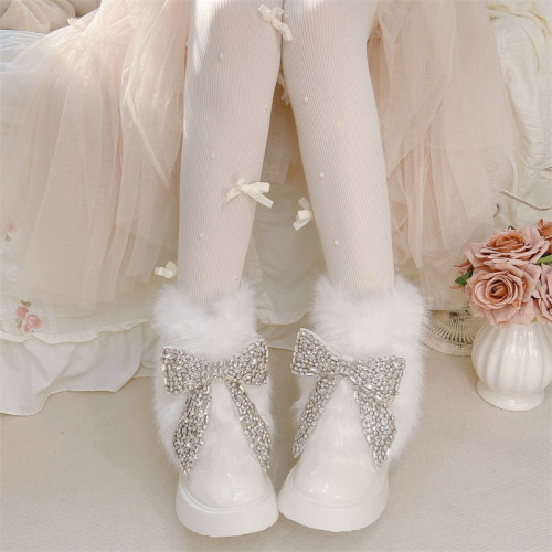 2025加絨厚底毛毛靴白色保暖顯瘦雪地靴甜美重工蝴蝶結水鑽大棉靴