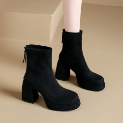 真皮絨面粗跟加絨短靴女2025秋冬新款防水台增高瘦瘦靴高跟馬丁靴