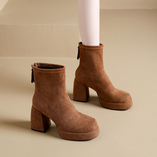 真皮絨面粗跟加絨短靴女2025秋冬新款防水台增高瘦瘦靴高跟馬丁靴 真皮絨面粗跟加絨短靴女2025秋冬新款防水台增高瘦瘦靴高跟馬丁靴