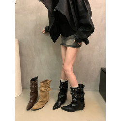 美式辣妹皮帶釦褲琯靴短筒靴女靴2025早秋新款小衆設計短靴西部靴