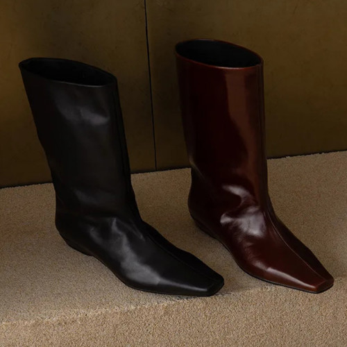 牛皮版~秋冬新款復古方頭顯瘦寬筒騎士靴復古百搭坡跟中筒短靴女