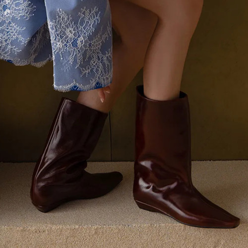 牛皮版~秋冬新款復古方頭顯瘦寬筒騎士靴復古百搭坡跟中筒短靴女