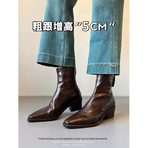 真皮~復古方頭粗跟短靴女2025新款黑色切爾西瘦瘦靴百搭馬丁靴女 真皮~復古方頭粗跟短靴女2025新款黑色切爾西瘦瘦靴百搭馬丁靴女