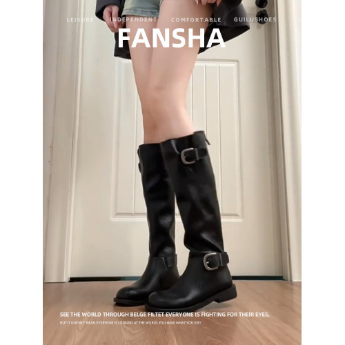 牛皮版~復古長筒靴女秋冬2025新款平底圓頭長靴皮帶釦高筒騎士靴