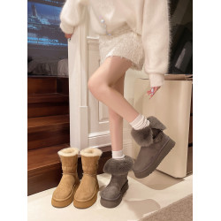 加絨加厚防滑厚底長筒雪地靴女款2026新款冬季保暖毛毛勃肯棉靴子
