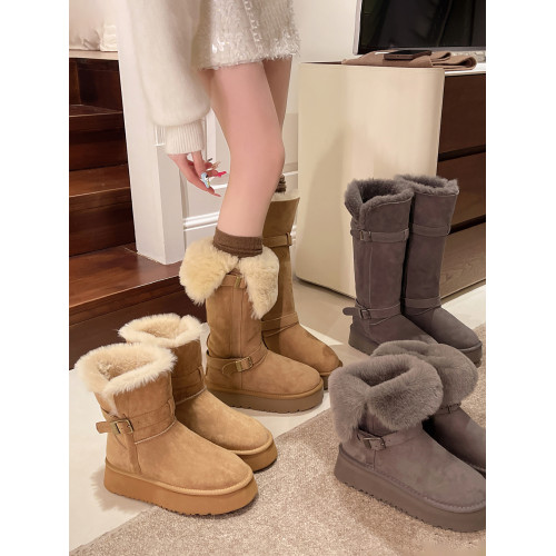 加絨加厚防滑厚底長筒雪地靴女款2026新款冬季保暖毛毛勃肯棉靴子